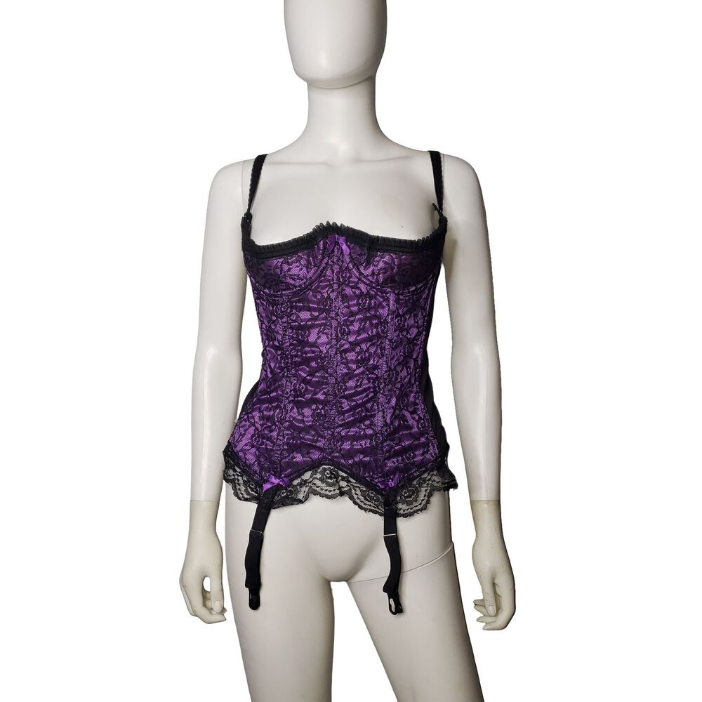 Vintage Fredericks of Hollywood Bustier Womens 36 Purple Black Lace Corset USA